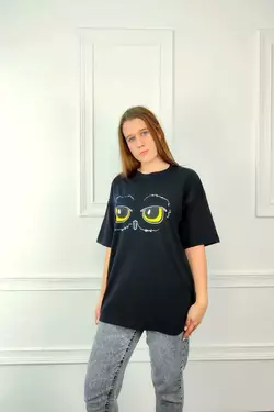 Молодежная женская футболка OVERSIZE 44-48 сова Чёрный