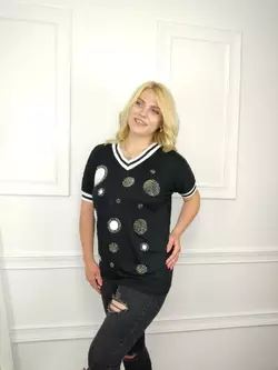 Женская футболка батал, 52-54,56-58, черный, принт сферы
